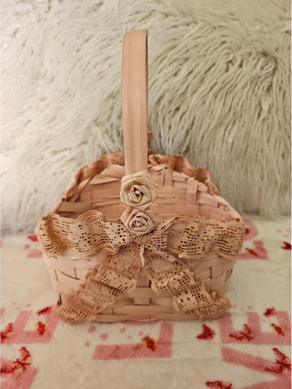 Vintage Hand-Woven Painted Basket Lace Pink 11X7.5 Philippines Floral Decor